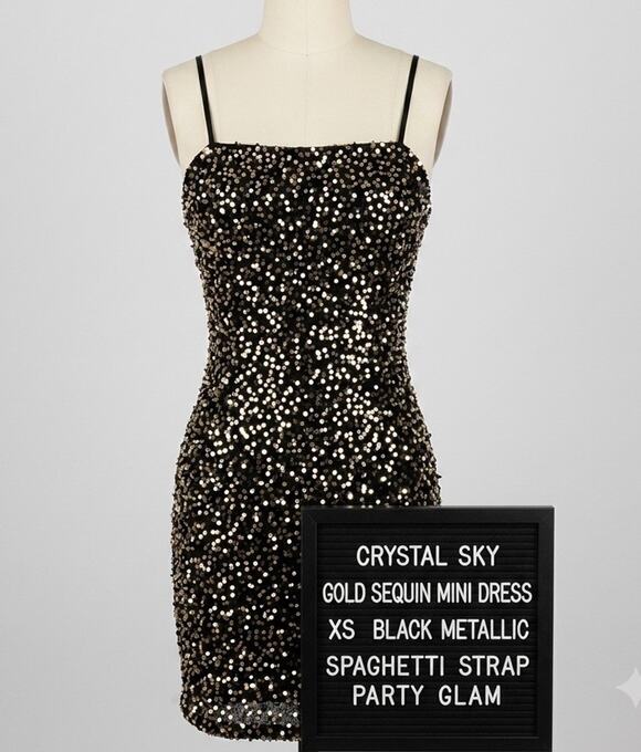 Crystal Sky Dresses & Skirts - Crystal Sky Gold Sequin Mini Dress XS Black Metallic Spaghetti Strap Party Glam